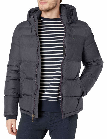 Picture of Tommy Hilfiger Men's Big and Tall Hooded Puffer Jacket, heather navy, Large Tall