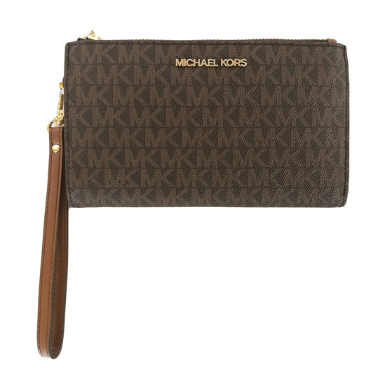 Picture of Michael Kors Jet Set Travel Double Zip Wristlet - Signature PVC (Brown PVC/Dark Acorn)