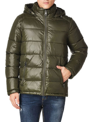 Picture of GUESS Men's Mid-Weight Puffer Jacket with Removable Hood, Olive, Small