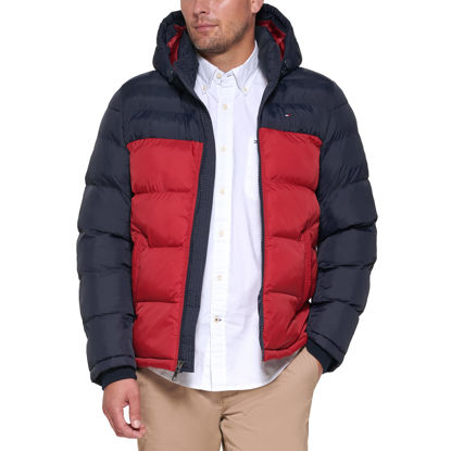 Picture of Tommy Hilfiger Men's Hooded Puffer Jacket, Midnight/red Color Block, Small