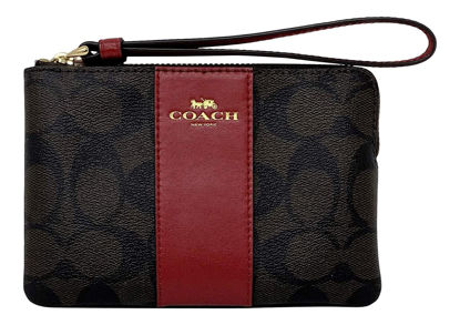 Picture of Coach Corner Zip Wristlet In Signature Coated Canvas With Red Colored Leather Stripe
