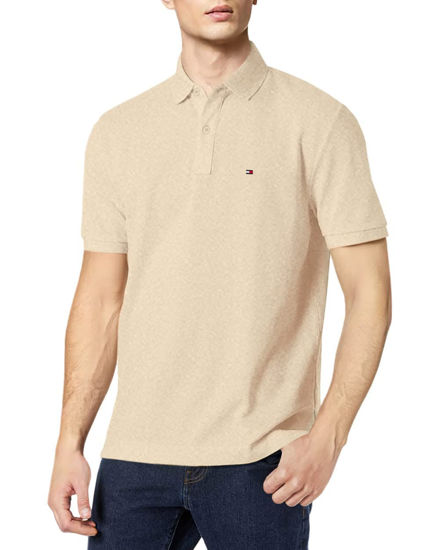 Picture of Tommy Hilfiger mens Short Sleeve Cotton Pique in Classic Fit Polo Shirt, Khaki Heather, Small US