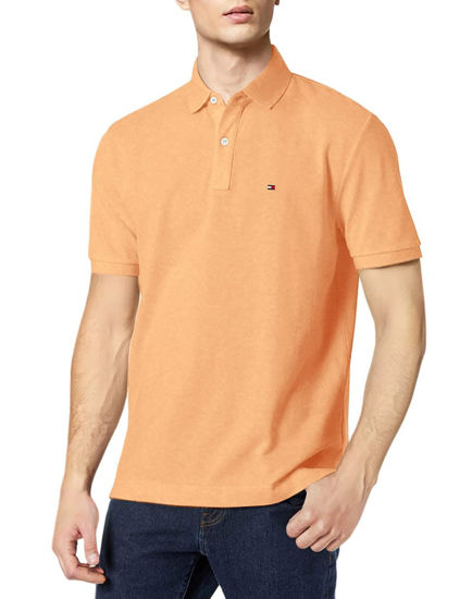 Picture of Tommy Hilfiger mens Short Sleeve Cotton Pique in Classic Fit Polo Shirt, Canteloupe, Small US