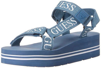 Picture of GUESS Women's AVIN Wedge Sandal, Blue+White Denim, 6.5