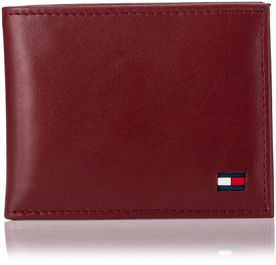 Picture of Tommy Hilfiger Men's Leather Wallet - Thin Sleek Casual Bifold with 6 Credit Card Pockets and Removable ID Window, Deep Red