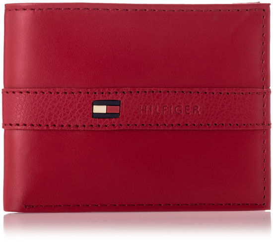 Tommy Hilfiger Men s Leather Wallet Thin Sleek Casual Bifold with 6 Credit Card Pockets and Removable ID Window Red