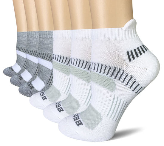 Picture of BERING Women's Performance Athletic Ankle Running Socks, White/Grey, Size 9-11, 6 Pairs