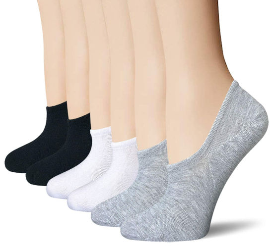 Picture of BERING No Show Socks Women Ankle Low Cut Thin No Slip Footies for Flats Sneakers Slip On, Size 8-12, 2 Black/2 White/2 Grey, 6 Pairs