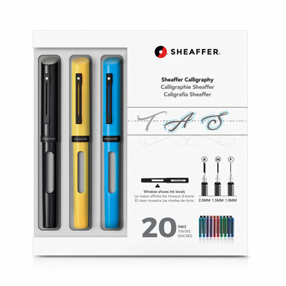 Picture of Sheaffer Calligraphy Maxi Kit with Black, Yellow, and Blue Pens and Assorted Nibs and Inks