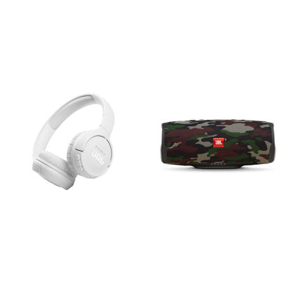 Picture of JBL Tune 510BT: Wireless On-Ear Headphones with Purebass Sound - White & Charge 4 - Waterproof Portable Bluetooth Speaker - Squad Camo