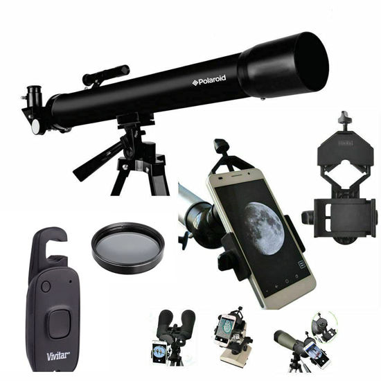 Picture of Polaroid POLAROID 168/525 Refractor Telescope + Full Size Tripod Azimuth and Altitude for Lunar Star and Planetary Observation Smart Phone Mount Remote Shutter Moon Filter Star Chart +3X Barlow Lens