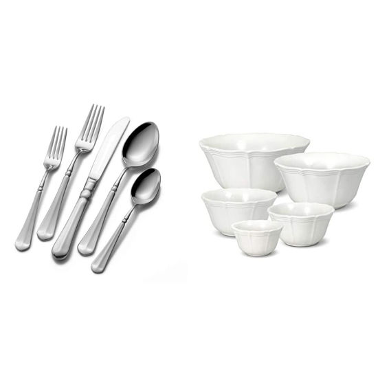 Picture of Mikasa French Countryside 65-Piece 18/10 Stainless Steel Flatware Serving Utensil Set, Service for 12 & French Countryside Stackable Bowls, Set of 5