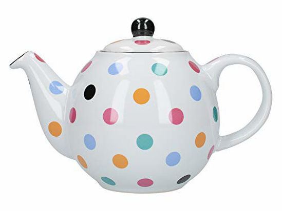 Picture of London Pottery Globe Polka Dot Teapot with Strainer, Ceramic, White/Multi Spot, 6 Cup (1.2 Litre)