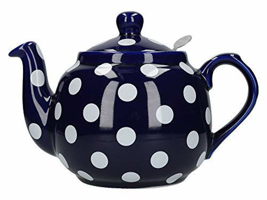 Picture of London Pottery Farmhouse Polka Dot Teapot with Infuser, Ceramic, Blue/White Polka Dots, 4 Cups (1.2 Litre)