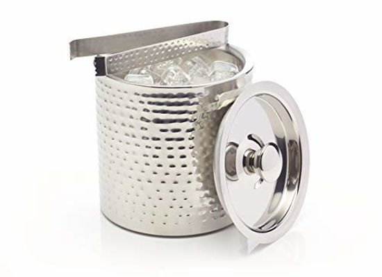 Picture of BarCraft Stainless Steel Ice Bucket with Lid and Tongs, 1.5 Litres (2.5 Pints) - Hammered Finish