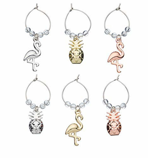 Picture of BarCraft BCWCPAPPLE Novelty Wine Glass Charms, Pineapple and Flamingo Design, In Gift Box, Zinc, Set of 6