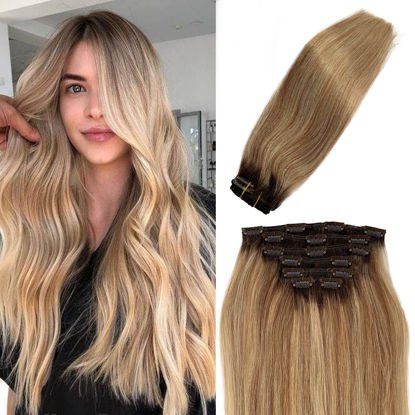 Picture of Clip in Extensions Human Hair Golden Brown and Bleach Blonde Highlight Clip in Hair Extensions for Women 70grams 7pcs Full Head Balayage Ombre Blonde Extensions Real Human Hair 15 Inch