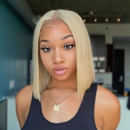 Picture of Blonde Lace Front Wigs Human Hair 13X4 Short straight 613 Bob Wig Pre Plucked 150% Density Glueless Brazilian Virgin Human Hair Wigs for Women with Baby Hair 10 Inch