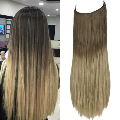 Picture of Light Brown To Light Blonde Hair Extensions Straight Secret Wire Headband Long Synthetic Hairpieces 22 Inch 4.4 Oz for Women Heat Friendly Fiber No Clip OMGREAT