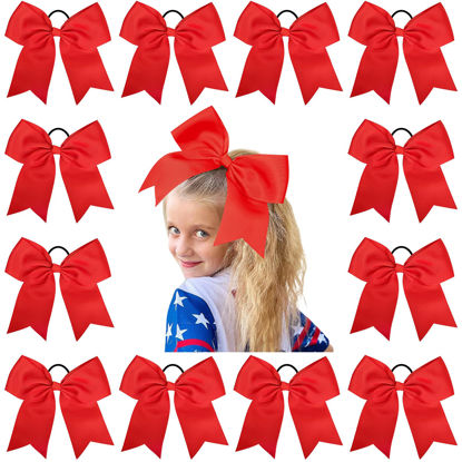 Picture of 12 Pcs Large Cheer Bows 8" Bulk Hair Bow Accessories with Ponytail Holder for Girls High School College Cheerleading