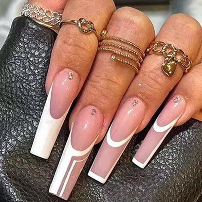 Picture of VOTACOS Press on Nails Long Coffin Fake Nails Nude False Nails with Abstract White Design Glossy Full Cover Stick on Nails for Women