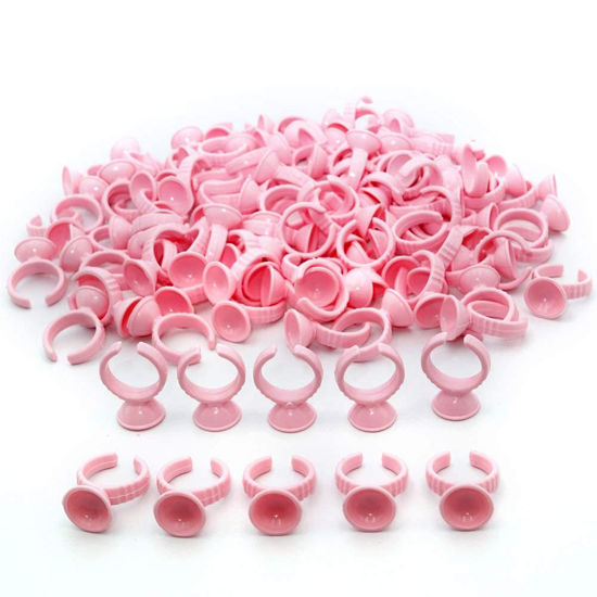 Picture of Aliory Glue rings 300 pcs Pink tattoo Cups Disposable Glue Holder Plastic Tattoo ink for false eyelashes (300 Pink round Glue Cups)