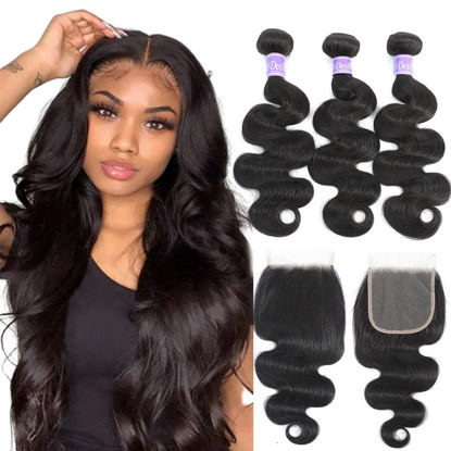 Picture of UDesire Hair 100% Unprocessed Brazilian Virgin Body Wave Hair 3 Bundles With Closure (16 18 20+14 Free part)8A Brazilian Body Wave Human Hair Extensions With 4x4 Swiss Lace Closure