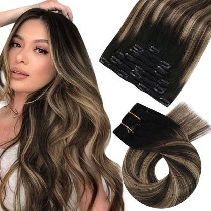 Picture of Moresoo Clip in Hair Extensions Real Human Hair 24inch Balayage Hair Extensions Double Weft Clip in Thick Straight Hair Color #1B/3/27 Black Fading to Brown Highligted Clip in Long Hair Extensions 7pcs 120grams