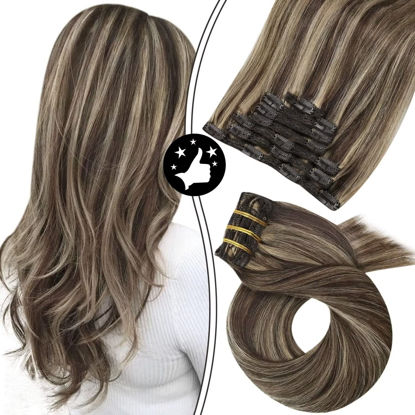 Picture of Moresoo Clip in Hair Extensions Real Human Hair 20 Inch Full Head Hair Extensions Remy Human Hair Clip in Color #4 Chocolate Brown Mixed with #27 Blonde Hair Extensions Clip ins 100g 7pcs