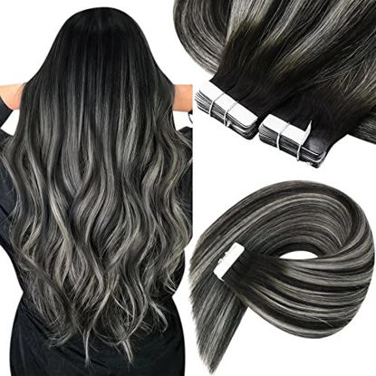 Picture of Sunny Tape in Hair Extensions Human Hair Natural Black to Silver Grey Balayage Human Hair Extensions Tape in For Women Black Ombre Tape in Human Hair Extensions Invisible 18inch 20pcs 50g