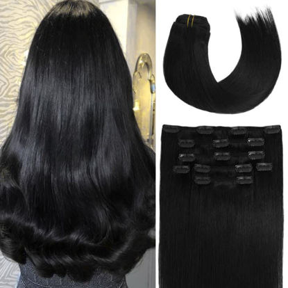 Picture of Hair Extensions Clip In Human Hair Extensions Jet Black 70g 20in 7 Pcs Natural Soft Hair, Can Be Styled Hair (20"#1)