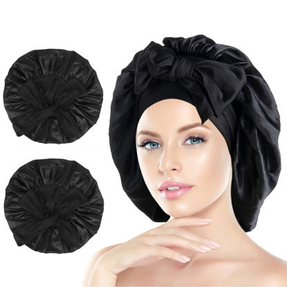 Picture of Arqumi Pack of 2 Satin Sleeping Bonnet, Large Satin Sleep Bonnet with Elastic Long Strap, Adjustable Sleep Cap Hair Bonnet for Women & Men, Black+Black