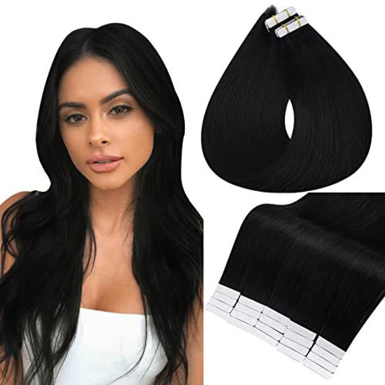 Picture of Full Shine Black Extensions Human Hair 12 Inch Real Hair Extensions Tape in Color 1 Jet Black30 Grams Double Sided Tape Hair 20 Pieces Tape in Hair Extensions