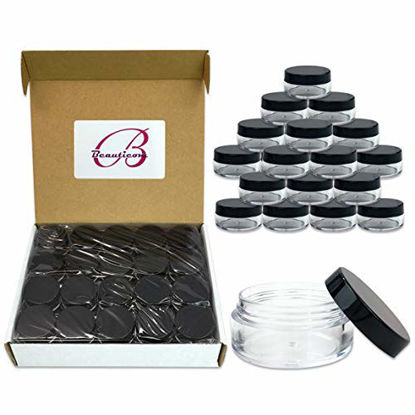 Picture of Beauticom 40 pcs 10 Gram (0.35 oz) Plastic Pot Jars - BPA FREE Clear Round Acrylic Container for Travel, Cosmetic, Makeup, Bead, Sample, Lip Balm, Candy, Herbs, Eye Shadow 10g/10ml (Black Screw Lid)