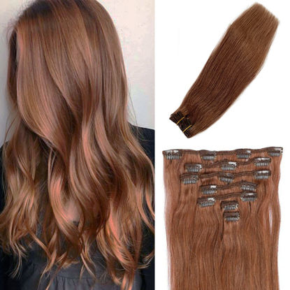 Picture of Remy Clip Hair Extensions 70grams 7pcs Soft Straight 18 Inch Double Weft Clip in Human Hair Extensions Color #30 Medium Auburn 2-3 Sets for Full Head