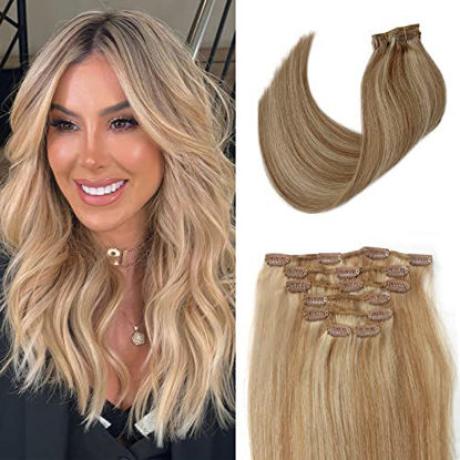 Picture of Clip in Hair Extensions Blonde Highlighted Human Hair Clip in Extensions 20 Inch #12P613 Full Thick Straight Real Hair Extensions Golden Brown and Bleach Blonde Highlights 70grams 7pcs