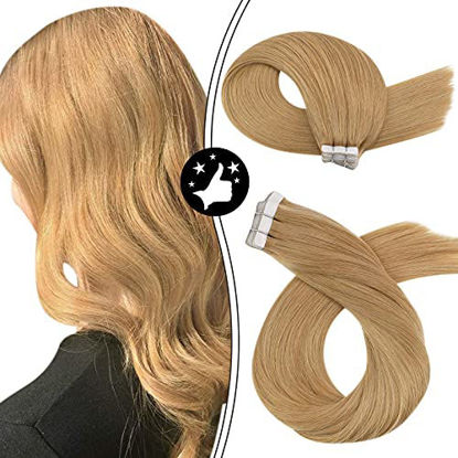 Picture of Tape in Extensions Human Hair Moresoo Tape in Hair Extensions Honey Blonde Human Hair Tape in Extensions 20 Inch Seamless Invisible Double Sided Tape Glue Hair Extensions Human Hair #27 20PCS/50Gram