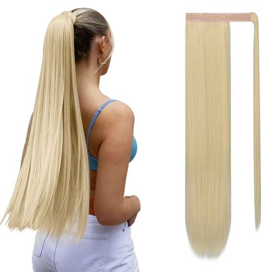 Picture of Sofeiyan Long Straight Ponytail Extension 28 inch Wrap Around Ponytail Synthetic Hair Extensions Clip in Ponytail Hairpiece for Women, Bleach Blonde