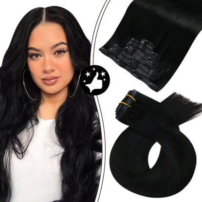 Picture of Moresoo 100% Human Hair Extensions Clip in Black Hair Extensions Ultra-thin PU Weft Straight Hair 18 Inch 120g 7pcs Tape Clip on Soft Hair Extensions for Women