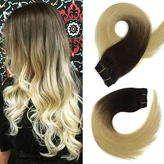 Picture of Real Human Hair Extensions Clip in 20Inch Straight Dark Brown to Bleach Blonde Clip on Hair Extensions Fine Hair with No Split Ends 70grams 7pcs