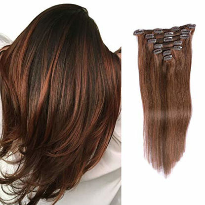 Picture of Hair Extensions Clip Human Hair Medium Brown and Auburn 70grams 22" Silky Straight Full Head Remy Hair Clips in 7 Pieces, 4/30