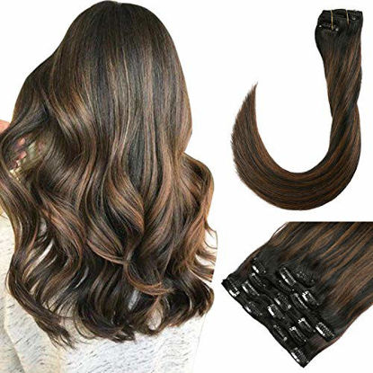 Picture of Clip in Human Hair Extensions #1B Natural Black to #6 Chestnut Brown Highlight Black Clip on Hair Extensions 120g 7pcs Full Head Silky Straight Remy Hair Pieces for Women 18inch