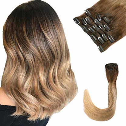 Picture of Ombre Clip in Hair Extensions Human Hair 120g 20inch Long Straight Full Head #2 Dark Brown Fading to #6 Chestnut Brown and Ash Brown Highlighted Clip on Hair Pieces