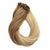 Picture of 613 Ombre Human Hair Extensions Clip in 20 Inch Silky Straight Full Head Remy Clip on Hair Extensions #12 Golden Brown to #613 Bleach Blonde Mixed Clips Hair pieces