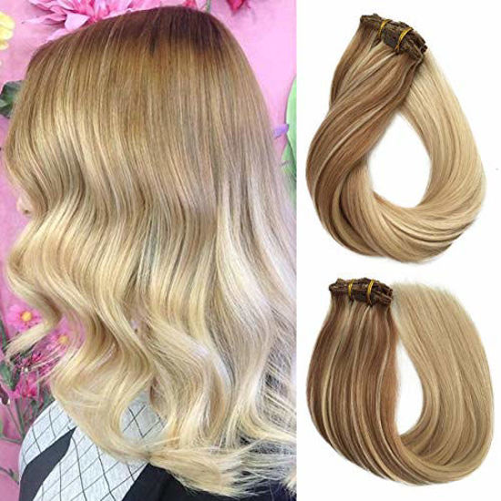 Picture of Blonde Ombre Hair Extensions Clip in T12/613 Silky Straight Clips Human Hair Extensions 16inch 120grams Full Head Clip on Hair Extensions for White Women