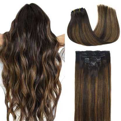 Picture of DOORES Human Hair Extensions Clip in Balayage Dark Brown to Chestnut Brown Clip in Remy Hair Extensions Natural Hair 120g Straight 7pcs 24 Inch