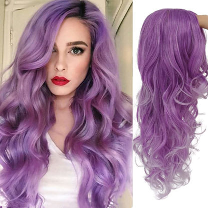 Picture of Beweig Long Curly Wavy Purple Wig for Women Side Part Synthetic Halloween Cosplay Wig with Wig