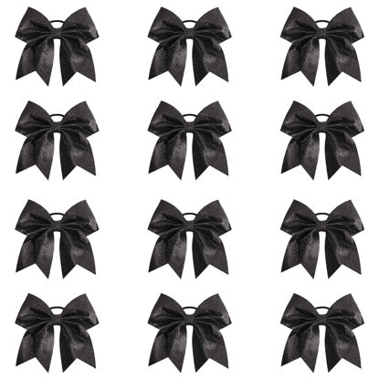 Picture of Oaoleer 12PCS 7" Large Glitter Cheer Hair Bows Ponytail Holder Elastic Band Handmade for Cheerleading Teen Girls College Sports (Glitter Black 12PCS)