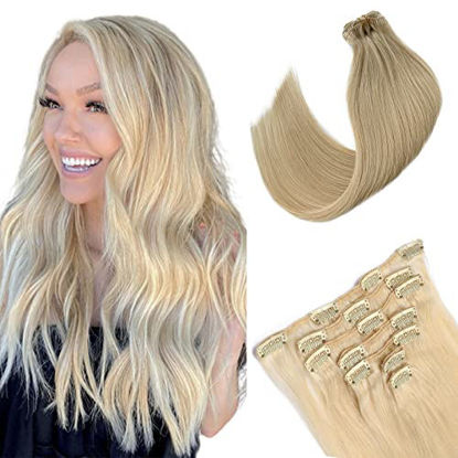 Picture of Licoville Clip in Extensions Blonde Human Hair Extensions Clip ins 20 Inch Straight Soft Platinum Blonde Clip in Hair Extensions Real Hair for Women Double Weft 70grams 7pcs