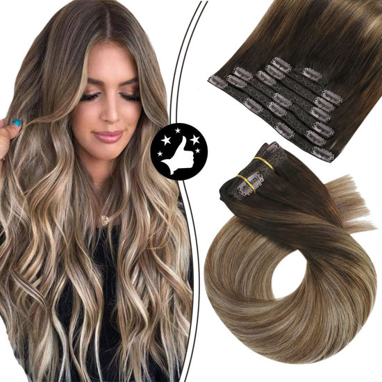 Picture of Moresoo 20inch Balayage Clip in Extensions Remy Human Hair Full Head 7pcs 120g Double Weft Ombre Hair Extensions Thick Hair for Women